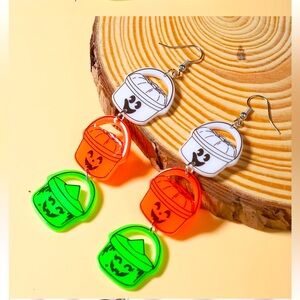 Pair of 3 Halloween Acrylic McBoo Meal Buckets Dangle Earrings Green Orange
